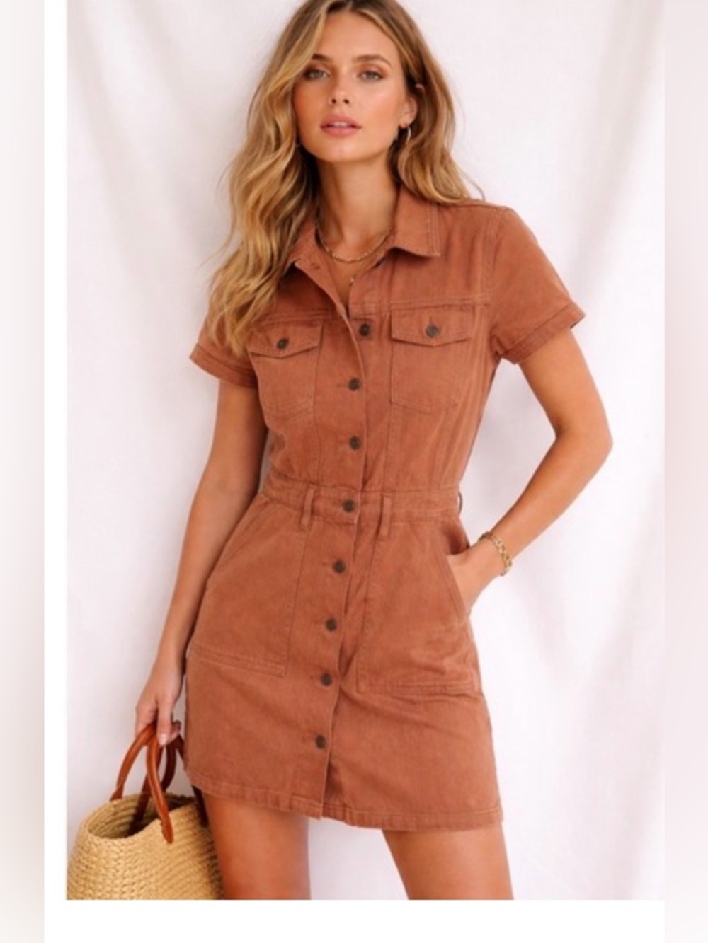 Pacsun Burnt Orange Denim Short Sleeve Button Down Dress - XS